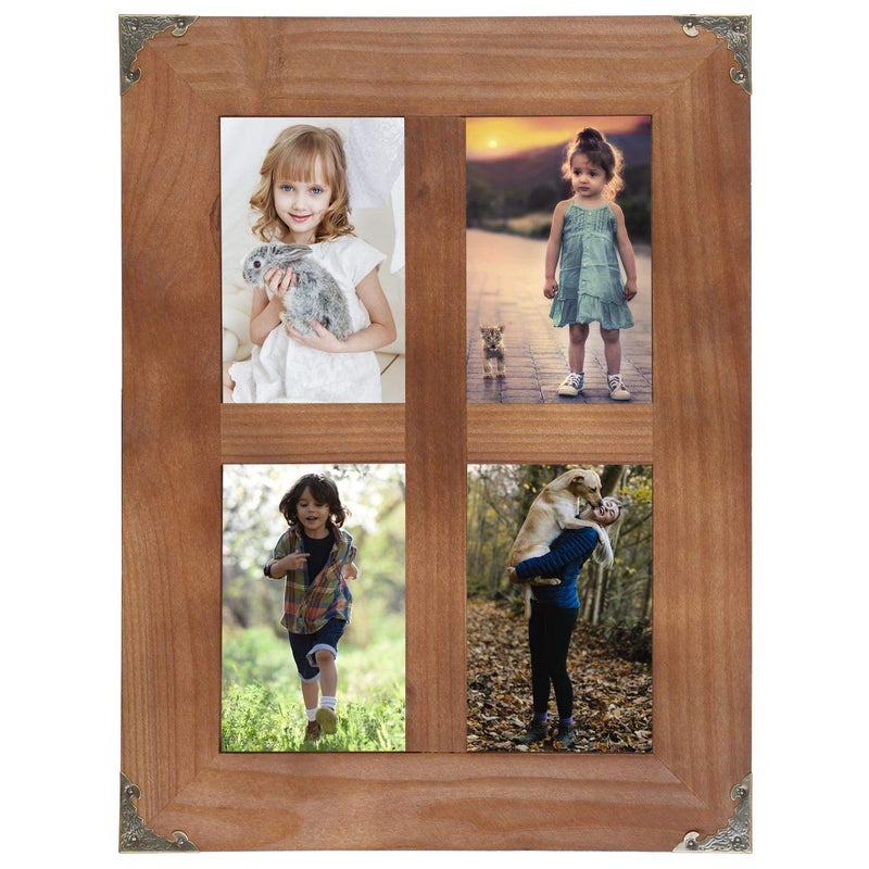 LOSOUR 4x6 picture frames collage, Window Pane 4 Opening 4x6 picture frame with Decorative Metal Corners for Table Top Display and Wall mounting Photo Frame (Brown, 16.2x12.2 inch) - Image 1